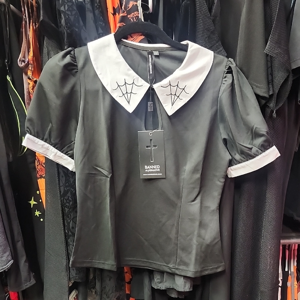 Banned Alternative Black Top with White Spider Web Collar